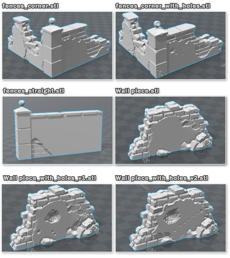 Pu&ograve; includere: Sei modelli stampati in 3D di muri e recinzioni in rovina. I modelli sono grigi e hanno una superficie ruvida e testurizzata. I modelli sono etichettati con i loro nomi: fences_corner.stl, fences_corner_with_holes.stl, fences_straight.stl, Wall piece.stl, Wall piece_with_holes_v1.stl e Wall piece_with_holes_v2.stl.