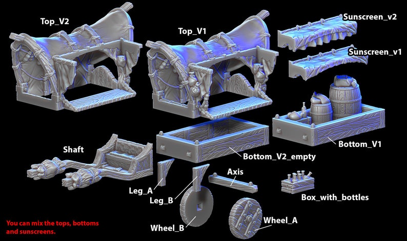 May include: A 3D printed model kit for a miniature wagon with various parts, including two different tops, two different bottoms, a shaft, two legs, two wheels, an axle, and two different sunscreens. The text "You can mix the tops, bottoms and sunscreens." is printed below the model parts.