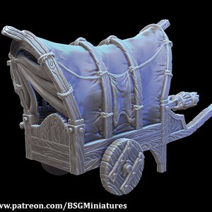 May include: A grey 3D printed miniature of a wooden wagon with a canvas cover. The wagon has two wheels and a long wooden tongue. The canvas cover is tied with rope and has a flap that can be opened.