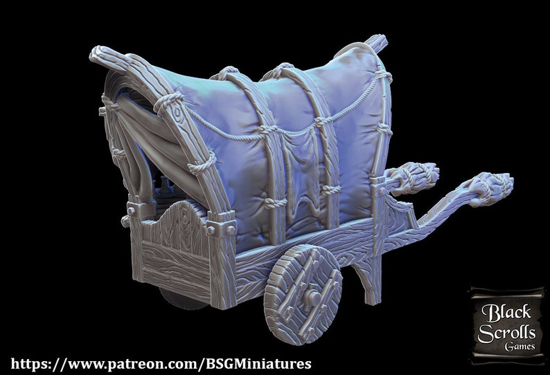 May include: A grey 3D printed miniature of a wooden wagon with a canvas cover. The wagon has two wheels and a long wooden tongue. The canvas cover is tied with rope and has a flap that can be opened.