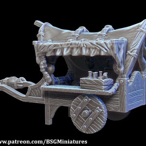 May include: A grey, wooden, miniature cart with a canvas awning, a wooden counter, and a single wheel. The cart has a rope handle and a wooden crate with bottles on the counter.