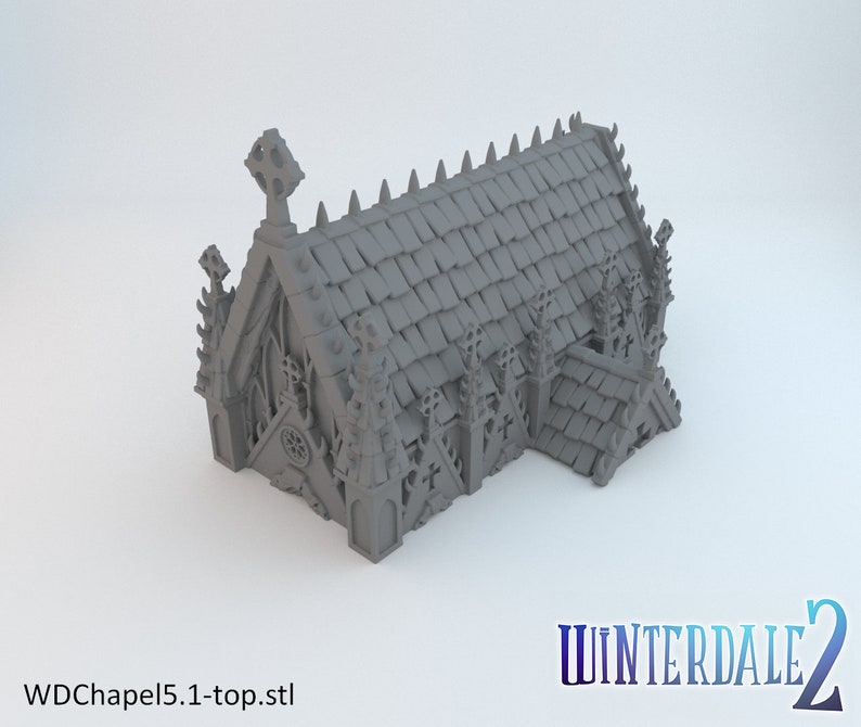 May include: A 3D printed model of a gothic chapel with a detailed roof and intricate stonework. The chapel has a pointed arch doorway and a cross on the roof. The model is gray and has a textured surface.
