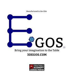 Pode incluir: Fundo branco com o texto azul "E GOS" e um dado azul. O texto "Bring your imagination to the Table" e "3DEGOS.COM" tamb&eacute;m est&atilde;o presentes. A frase "Manufactured in the USA" est&aacute; no topo.