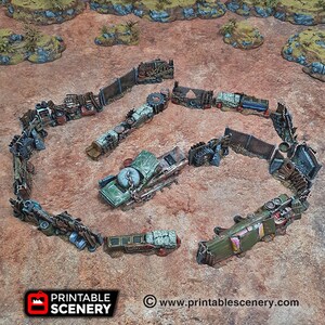 May include: A model of a post-apocalyptic junkyard scene with a variety of rusted and broken vehicles and debris. The scene is surrounded by a fence made of scrap metal and barbed wire. The scene is designed for use in tabletop wargames and role-playing games.