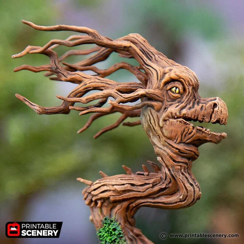 May include: A detailed, 3D printed model of a tree creature with a gnarled, wooden head and a long, twisting neck. The creature's head has a large, open mouth and a single, large eye. The model is painted in shades of brown and beige.