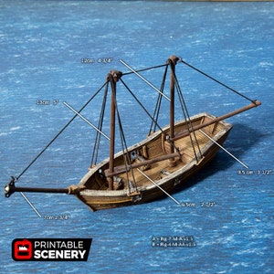 Puede incluir: Un modelo de barco de madera con dos m&aacute;stiles y aparejo negro. El barco mide 13 cm de largo y 6,5 cm de ancho. El barco est&aacute; sobre un fondo azul. El texto "A = Rig-7-M-A-v1.3" y "B = Rig-4-M-AA-v1.3" est&aacute; impreso en la parte inferior de la imagen.