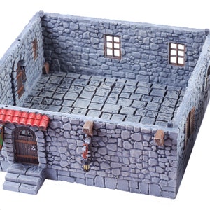 May include: A grey stone building with a red roof, a wooden door, and two windows. The building is a miniature model for tabletop gaming.