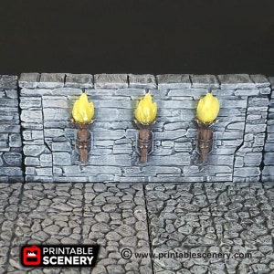 May include: Three wall-mounted torch sconces with yellow flames, mounted on a gray stone wall. The sconces are made of brown metal and have a simple design.