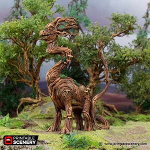 May include: A brown, wooden, tree-like creature with a long neck and tail. The creature has a face with a wide mouth and small eyes. The creature is standing on a grassy surface.