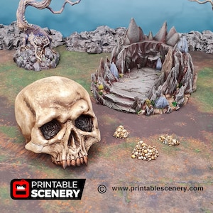 May include: A 3D printed cave entrance with a skull and piles of gold coins. The cave entrance is made of gray and brown plastic and has a rough texture. The skull is white and has a realistic appearance. The gold coins are scattered on the ground.