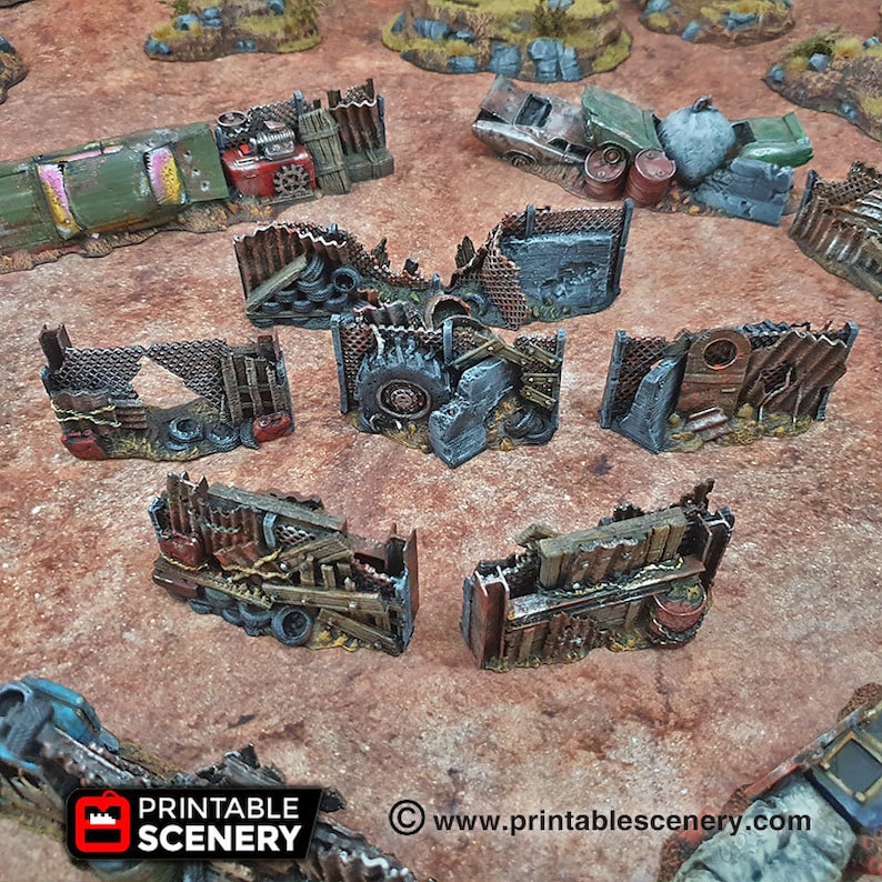 May include: A set of seven 3D printed, hand-painted, miniature ruined walls made of scrap metal, wood, and concrete. The walls are designed for use in tabletop wargaming and miniature gaming.