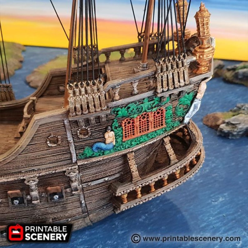 May include: A detailed model of a wooden ship with intricate carvings and a green and red painted design. The ship has a figurehead of a mermaid and a decorative railing.
