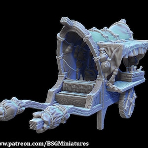 May include: A 3D printed model of a wooden wagon with a canvas top and a wooden frame. The wagon has two wheels and a bench seat inside. The wagon is painted in a light grey colour.