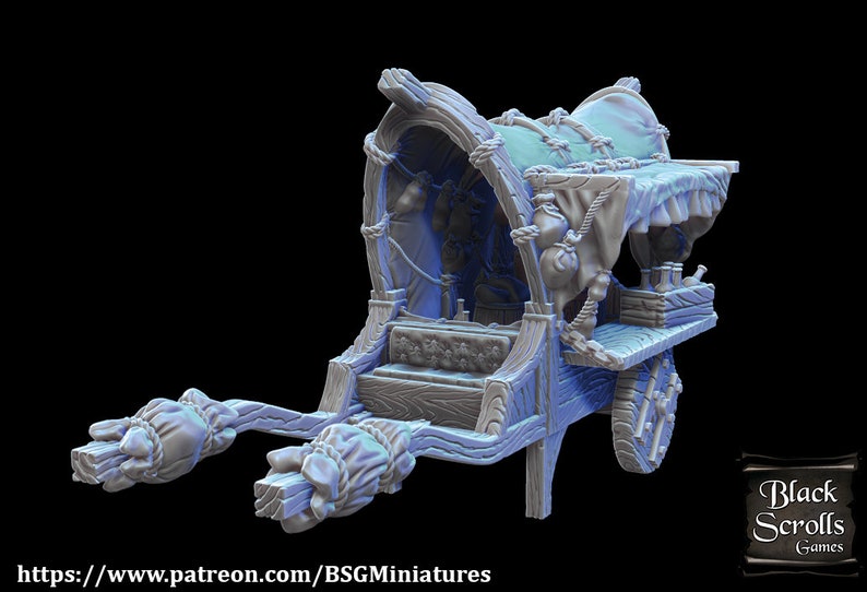 May include: A 3D printed model of a wooden wagon with a canvas top and a wooden frame. The wagon has two wheels and a bench seat inside. The wagon is painted in a light grey colour.