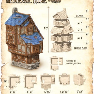 Puede incluir: Un modelo impreso en 3D de una casa medieval con un techo azul y paredes de madera marr&oacute;n. El modelo tiene 30,5 cm de altura y est&aacute; impreso en piezas m&aacute;s peque&ntilde;as. El modelo se muestra en diferentes vistas, incluyendo una vista lateral, una vista frontal y una vista superior. El modelo tambi&eacute;n se muestra desmontado en sus piezas individuales.
