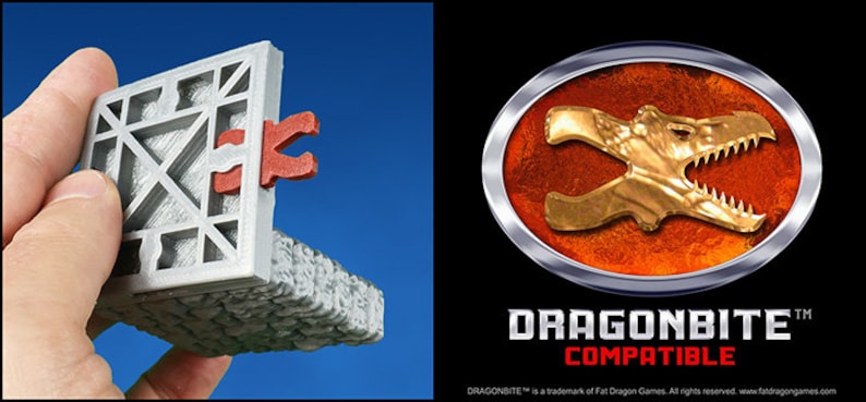 May include: A gray plastic wall section with a red plastic connector. The wall section has a grid pattern and is compatible with Dragonbite game pieces. The image also shows the Dragonbite logo with the text "Dragonbite Compatible".