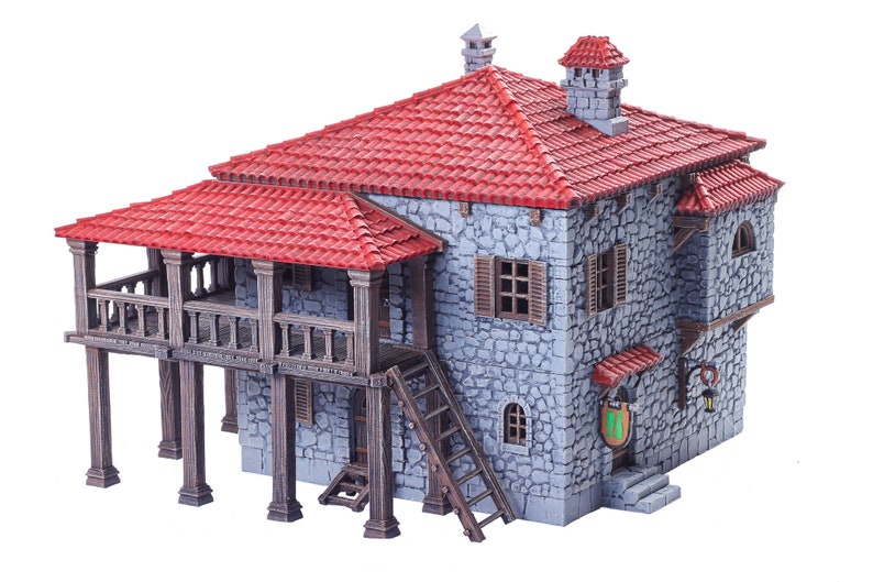 May include: A grey stone building with a red tiled roof and a wooden balcony. The building has a wooden ladder leading up to the balcony and a sign with a green shield hanging on the side.