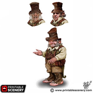 May include: A whimsical illustration of a gnome wearing a brown top hat, brown vest, and brown pants. The gnome is standing with his right hand outstretched and his left hand on his hip. The gnome has a white beard and a mischievous expression on his face.
