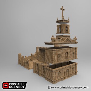May include: A 3D printed model of a ruined church, broken into five pieces. The model is made of brown plastic and is designed to be assembled. The church has a bell tower with a cross on top.