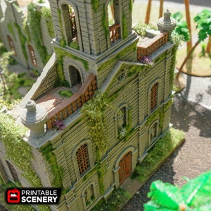 May include: A detailed model of a ruined stone church with overgrown vines and moss. The church has a bell tower, arched windows, and a wooden door. The model is painted in shades of grey and green.