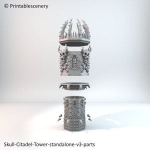 May include: A 3D printed model of a skull-themed tower, disassembled into four parts. The tower is made of a gray plastic and features a skull-shaped base, a middle section with a window, a top section with a skull-shaped roof, and a separate spire.