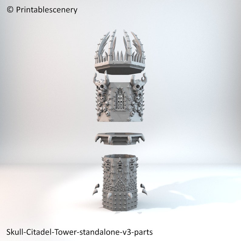 May include: A 3D printed model of a skull-themed tower, disassembled into four parts. The tower is made of a gray plastic and features a skull-shaped base, a middle section with a window, a top section with a skull-shaped roof, and a separate spire.