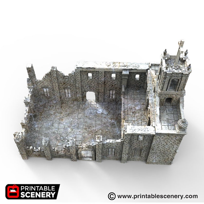 May include: A 3D printed model of a ruined stone church with a bell tower. The church is missing parts of the roof and walls, and the interior is visible. The model is printed in a light grey colour and has a textured surface.