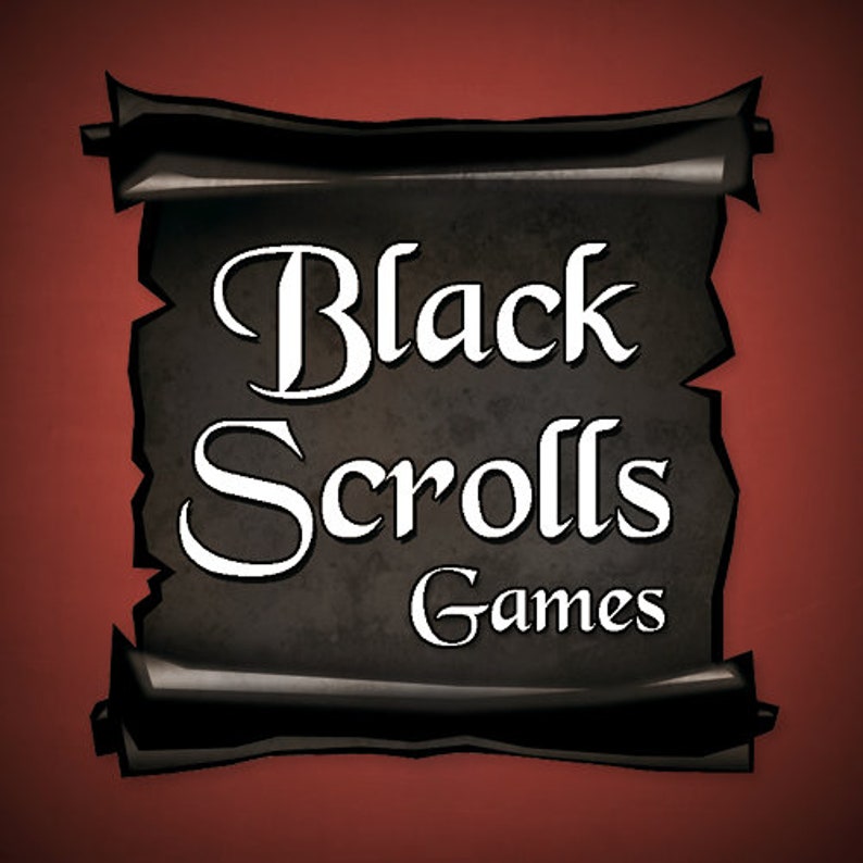 May include: Black Scrolls Games logo on a dark brown scroll with a white background. The logo is in a white, stylised font.