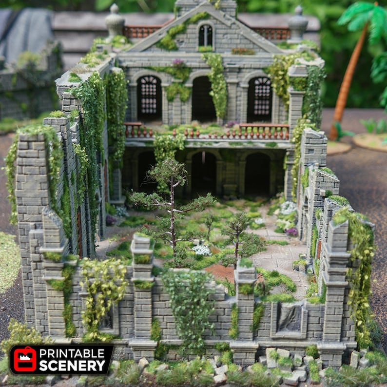 May include: A detailed model of a ruined stone building with overgrown vines and trees. The building has a courtyard with a dirt path and small plants. The model is made of grey and green materials and is perfect for tabletop gaming or miniature dioramas.