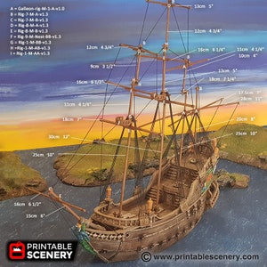 May include: A detailed model of a wooden galleon ship with multiple masts and sails. The ship is approximately 25 inches long and 10 inches wide. The model is painted in a realistic style with brown wood and black sails. The ship is sitting on a blue and green water surface with small islands in the background.