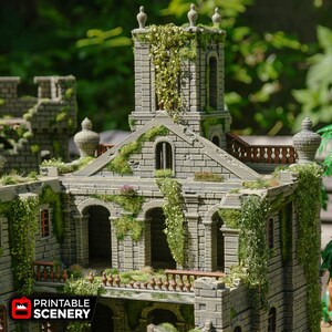 May include: A detailed model of a stone building with a tower, overgrown with vines and greenery. The building has arched doorways and windows, and a balcony with a railing. The model is made of grey and brown plastic and is designed for tabletop gaming.