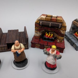 May include: Two painted miniature figures of people, one holding a tray of mugs and the other holding a cloth.  There are three miniature painted structures, two are brick fireplaces with a wood mantle and the other is a stone fireplace with a wood mantle.  All are painted in realistic colours.