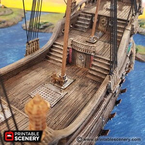 May include: A detailed model of a wooden ship deck with a mast and rigging. The deck is made of wood planks and has a ladder leading up to the upper deck. The mast is made of wood and has a sail attached to it. The rigging is made of rope and is used to support the mast and sail.