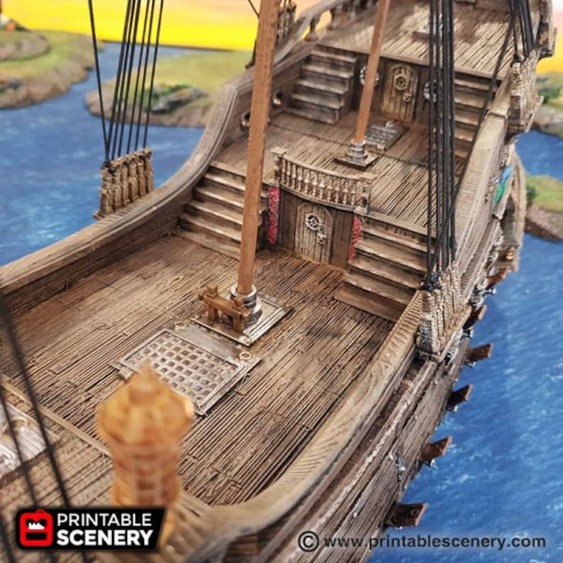 May include: A detailed model of a wooden ship deck with a mast and rigging. The deck is made of wood planks and has a ladder leading up to the upper deck. The mast is made of wood and has a sail attached to it. The rigging is made of rope and is used to support the mast and sail.