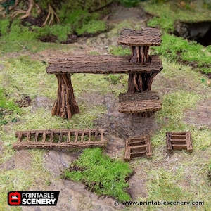 May include: A wooden treehouse playset with a ladder, a platform, and a table. The set is made of brown wood and has a rustic look.