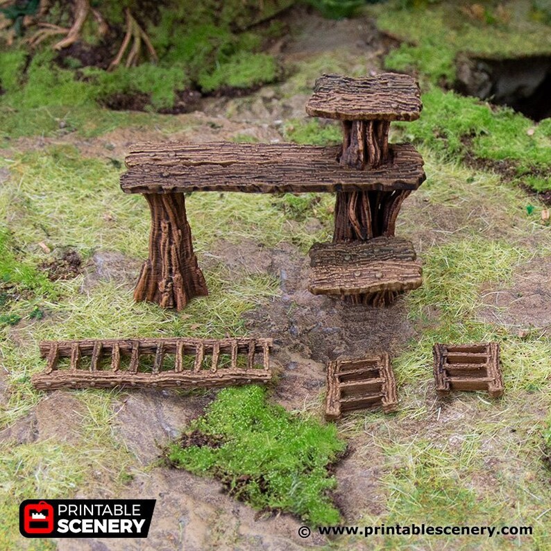May include: A wooden treehouse playset with a ladder, a platform, and a table. The set is made of brown wood and has a rustic look.