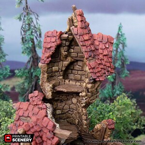 May include: A miniature, partially destroyed stone tower with a red tiled roof. The tower has a small wooden ledge and is made of a textured material.