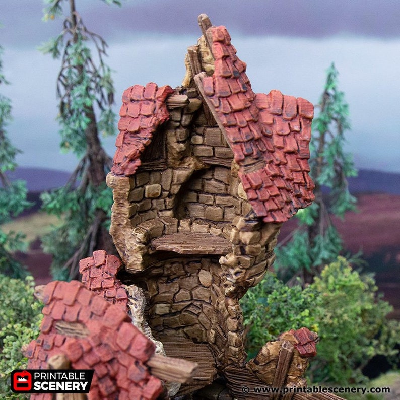 May include: A miniature, partially destroyed stone tower with a red tiled roof. The tower has a small wooden ledge and is made of a textured material.