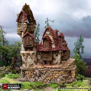 May include: A miniature stone building with a red tiled roof and a tower. The building has a rustic, weathered look and is set on a base of stone and moss. The building is a 3D printed model for tabletop gaming.