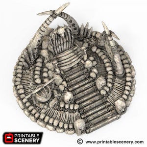 Pode incluir: Diorama circular detalhado com design de ossos. O modelo inclui uma ponte de madeira, cr&acirc;nios e v&aacute;rias estruturas &oacute;sseas. A paleta de cores &eacute; principalmente branco sujo e cinza, com foco na textura e nos detalhes. Ideal para jogos de mesa.