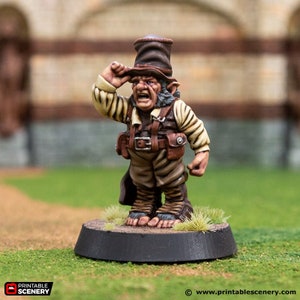 May include: A painted miniature figurine of a dwarf wearing a brown top hat, a brown vest, and brown pants. The dwarf is holding his hat in his hand and has a surprised expression on his face.