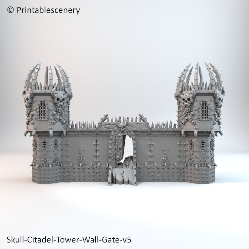May include: A 3D printed model of a skull-themed citadel tower wall gate. The gate is open and the towers are decorated with skulls and spikes.