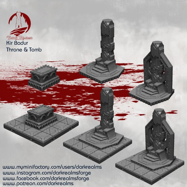 May include: Five 3D printed miniature throne and tomb sets in gray. The sets feature a throne, a tomb, and a base. The sets are designed for tabletop gaming.