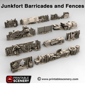 May include: A set of 10 printable 3D models of junkfort barricades and fences. The models are made of various materials, including metal, wood, and concrete. They are designed to be used in tabletop wargames and other miniature gaming settings.
