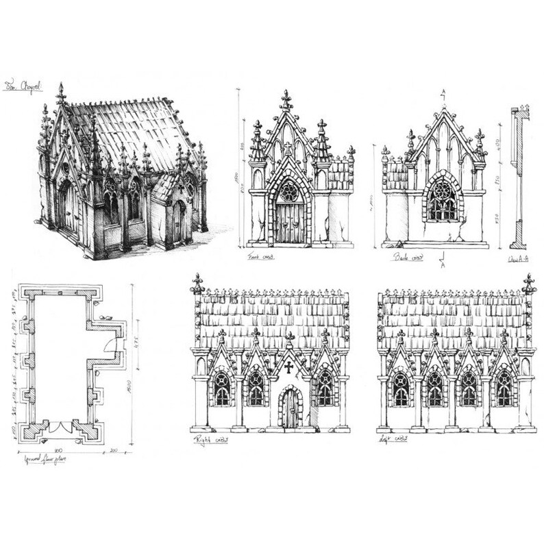 May include: A black and white line drawing of a gothic chapel with detailed architectural plans. The drawing shows the front, back, right, and left sides of the chapel, as well as a ground floor plan. The chapel has a pointed arch doorway, a cross on the roof, and decorative details on the walls.