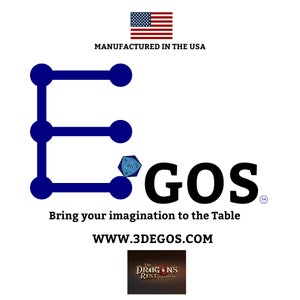 May include: A blue and white logo for a company called "3DEGOS" with the tagline "Bring your imagination to the table". The logo features a stylized letter "E" and a 20-sided die. The website address is "www.3degos.com".