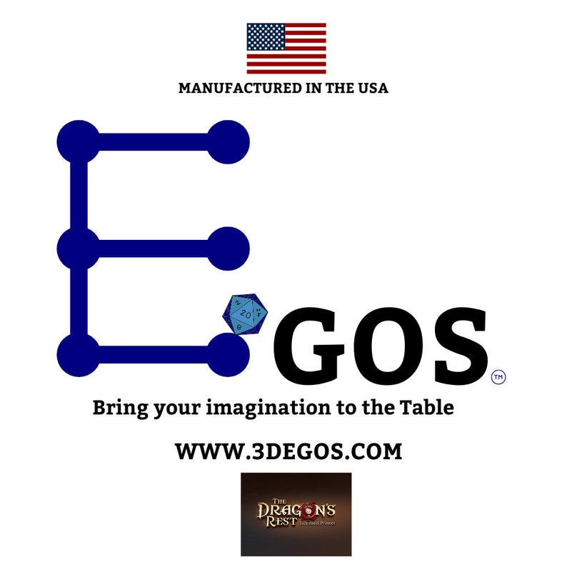 May include: A blue and white logo for a company called "3DEGOS" with the tagline "Bring your imagination to the table". The logo features a stylized letter "E" and a 20-sided die. The website address is "www.3degos.com".