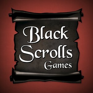 May include: Black Scrolls Games logo on a dark brown scroll with a white background. The logo is in a white, stylized font.