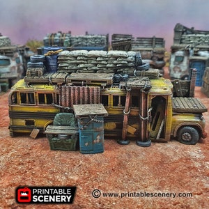 May include: A yellow school bus model with a heavily weathered and rusted exterior. The bus is covered in various items, including tires, barrels, sandbags, and wooden planks. The bus is a 3D printed model and is part of a set of printable scenery.