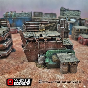 May include: A 3D printed model of a dilapidated building with a wooden platform, a green couch, and two barrels. The building is made of rusty metal and wood, and the platform is supported by metal beams. The couch is covered in green fabric and has a wooden frame. The barrels are made of wood and have metal bands around them. The model is painted in a realistic style and is suitable for use in tabletop games or as a decorative piece.